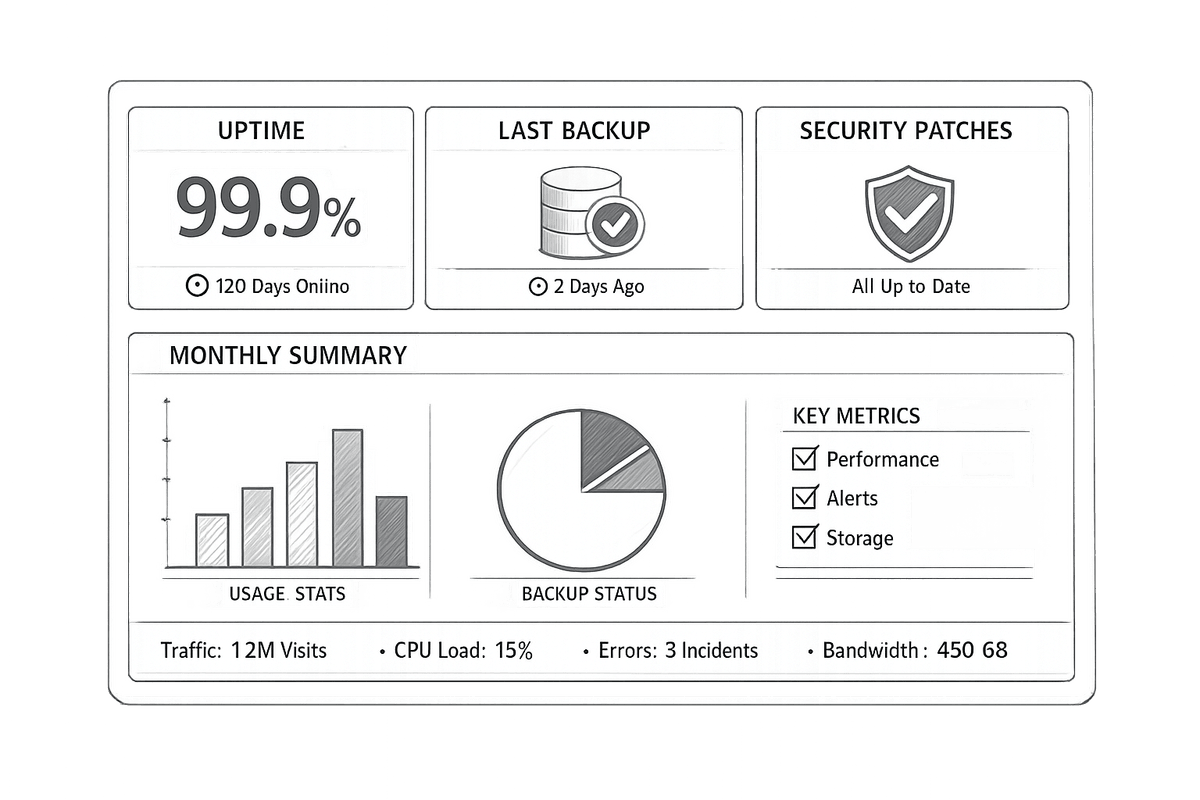 Monochrome dashboard mockup showing uptime, last-backup, security-patch status, and a monthly summary panel with traffic / load / errors / bandwidth.