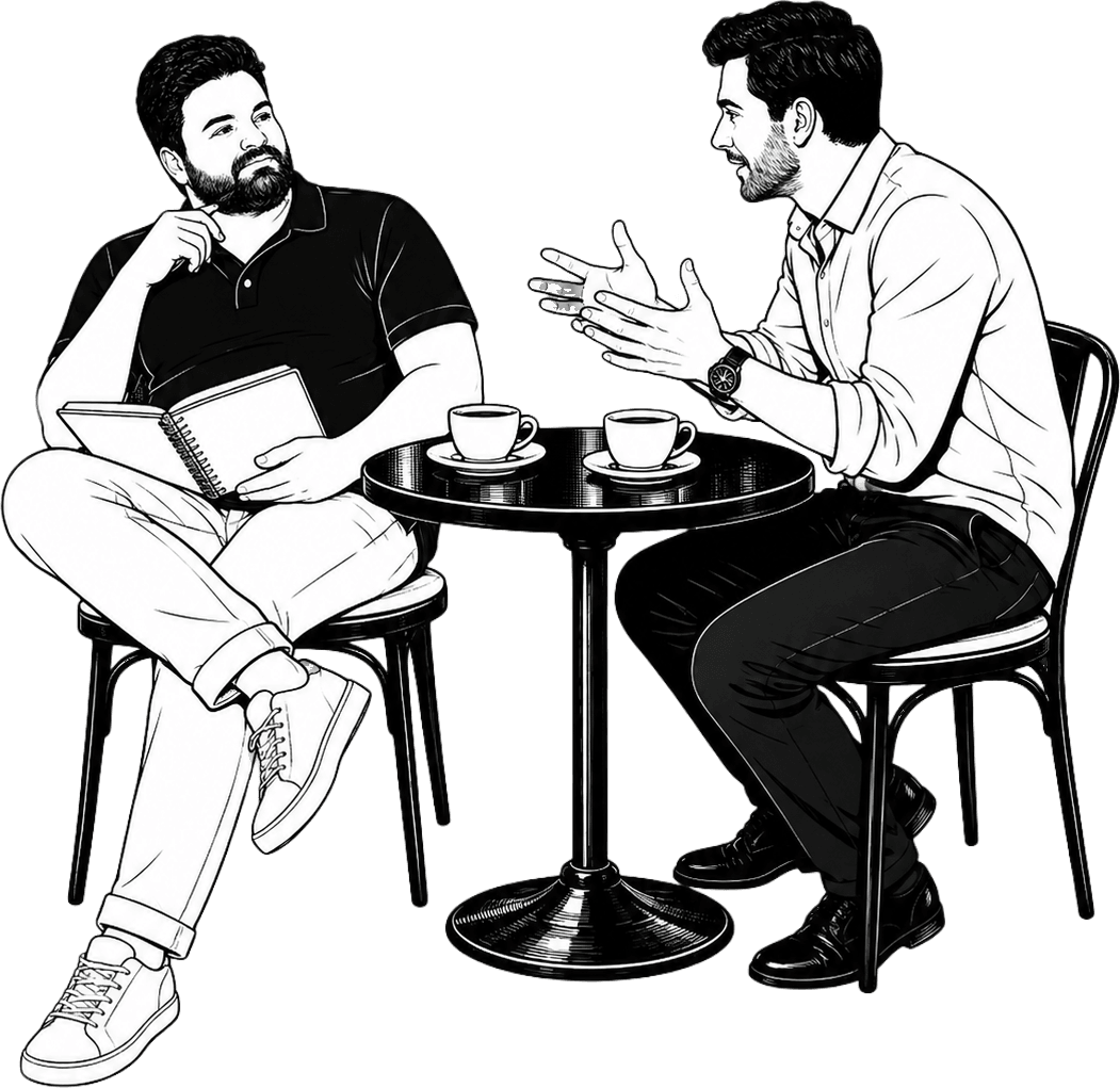 Two people in a small studio, working through a business problem together.