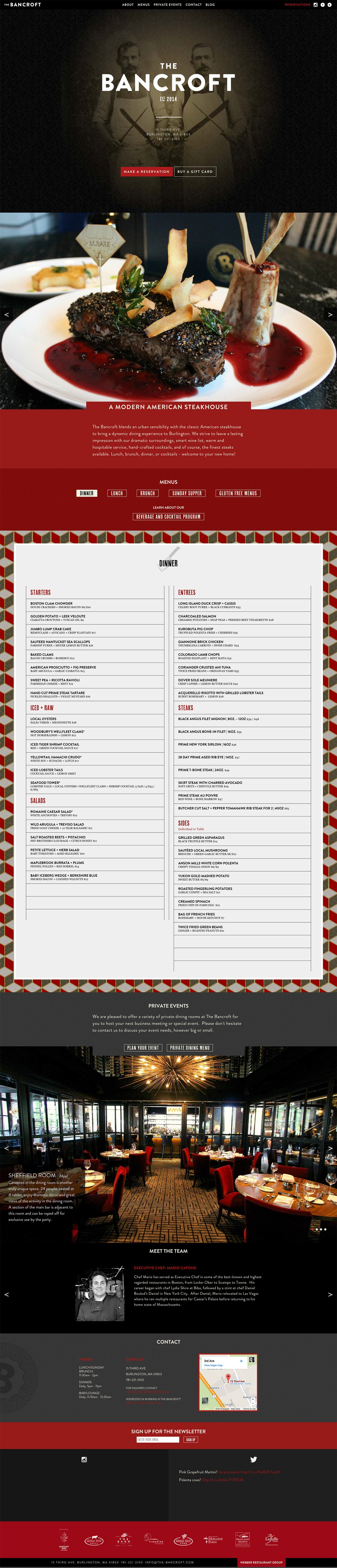 Full long-form preview of The Bancroft steakhouse website.
