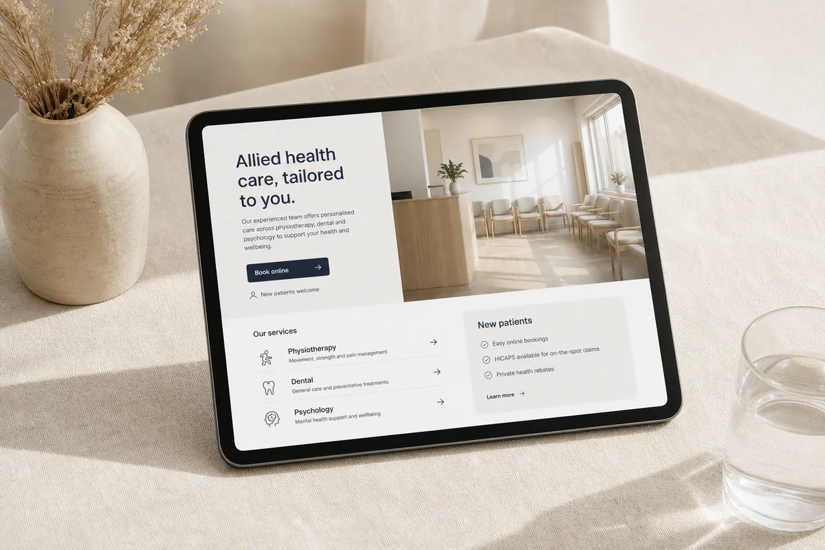 A Perth clinic receptionist with the practice's new booking-focused website on screen.