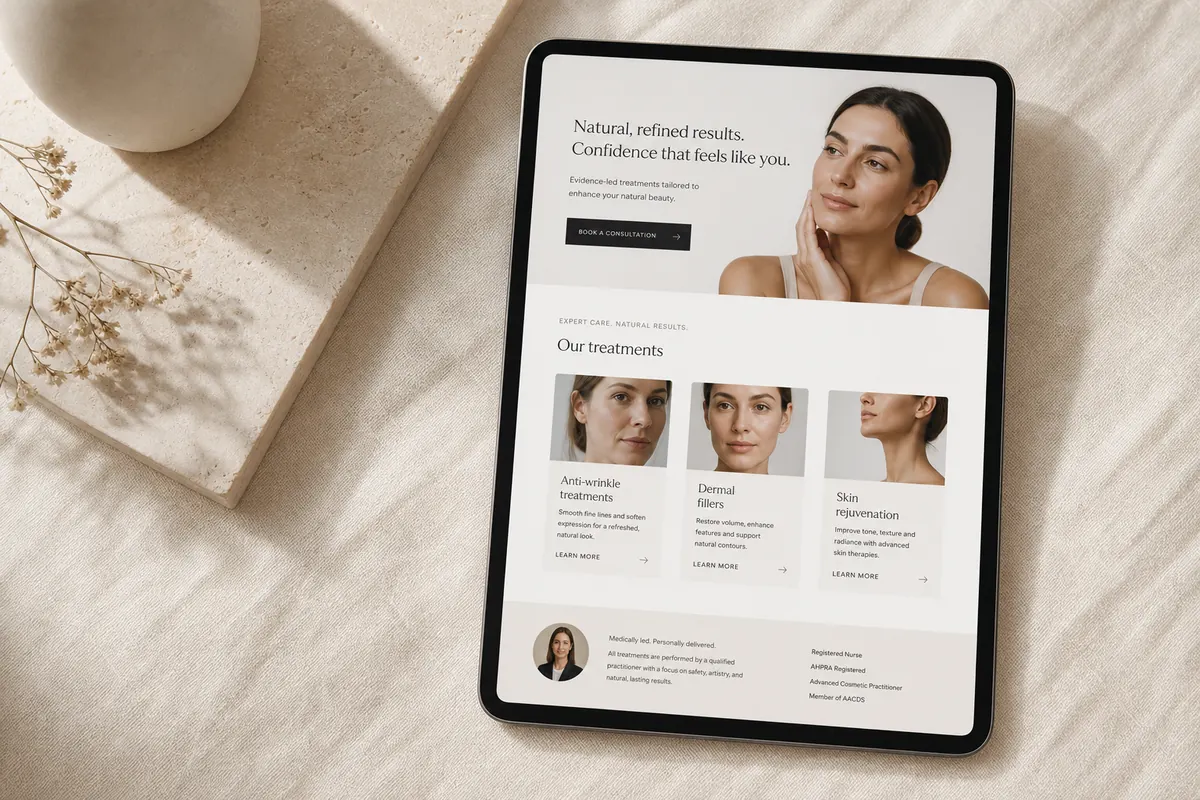 A Perth cosmetic clinic's polished, premium website on a tablet.