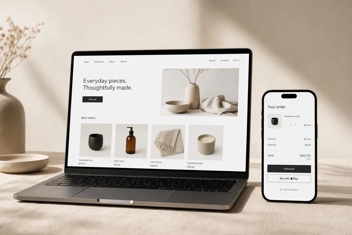 A Perth retailer reviewing their custom Shopify store on a laptop and phone.