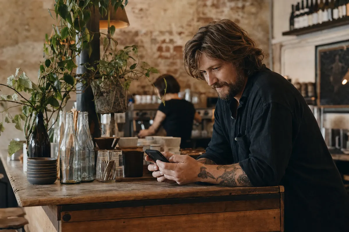 A Fremantle café owner updating their photo-led website on a phone.
