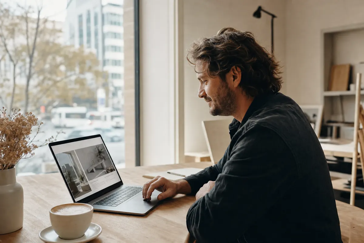 A Perth small-business owner reviewing their new website on a laptop.