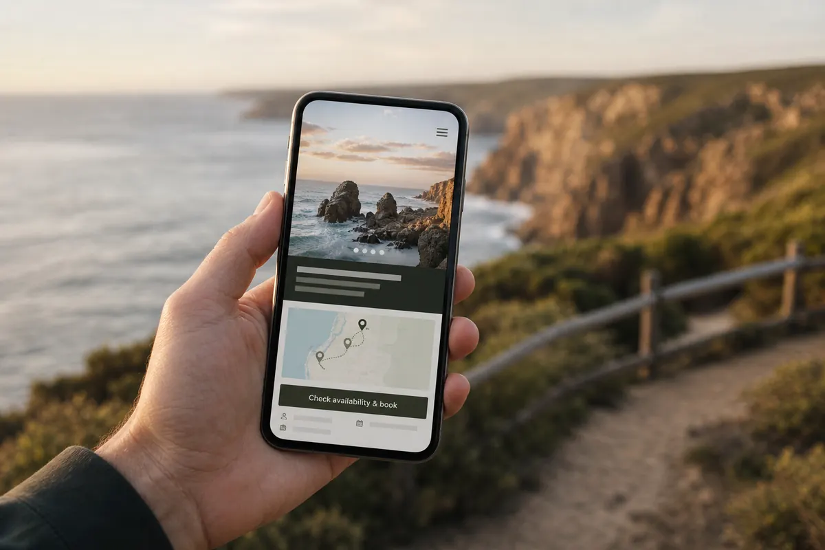 A WA tour operator's photo-led website shown on a phone in the field.