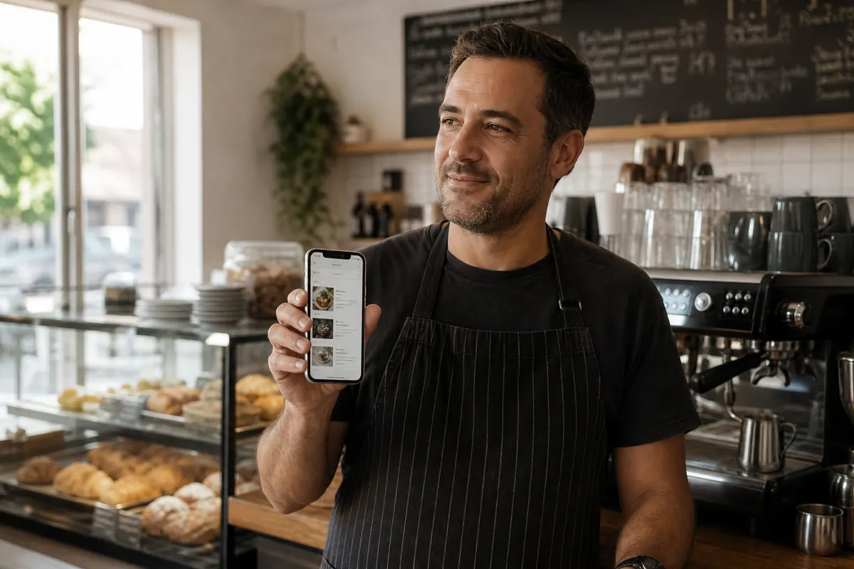 A café owner on Albany Highway checking their website on a phone.